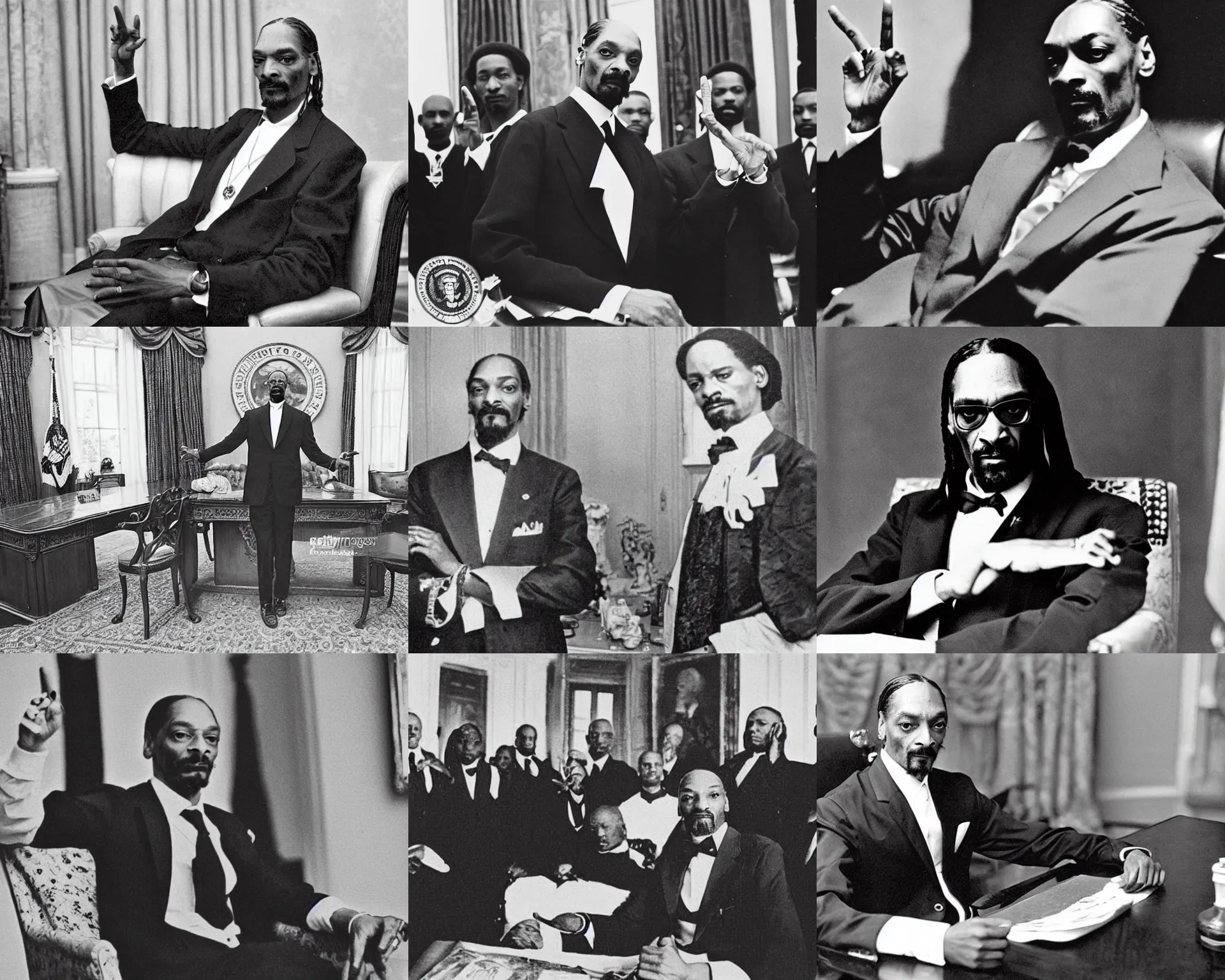 Prompt: president snoop throwing up gang signs in the oval office, early black and white photo, 1 8 8 4