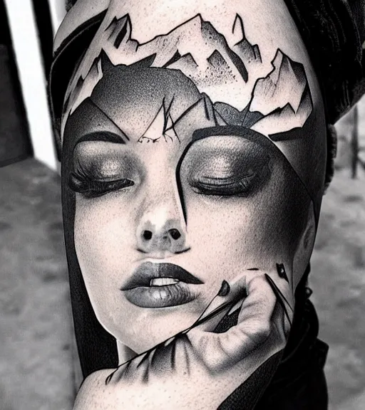 Image similar to amazing blend effect of a beautiful woman face next to amazing mountain scenery, tattoo design sketch, hyper - realistic, in the style of matteo pasqualin, amazing detail, black and white