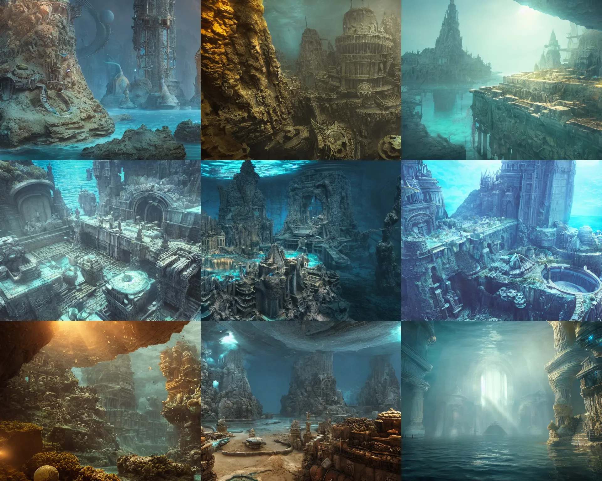 Prompt: the mythical underwater city described in the ancient lore, volumetric lighting, rendered by octane engine, artstation, cinematic lighting, intricate details, 8k detail post processing, hyperealistic, photo realism