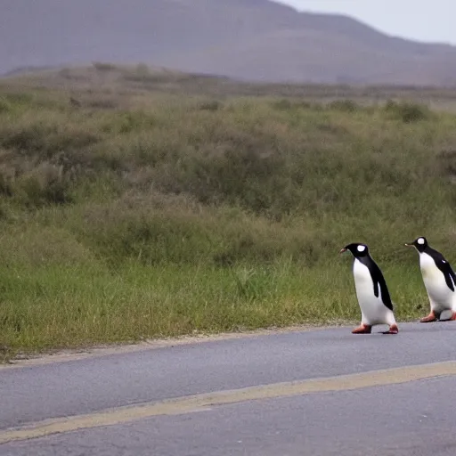 Prompt: penguins in sombreros walking across the road