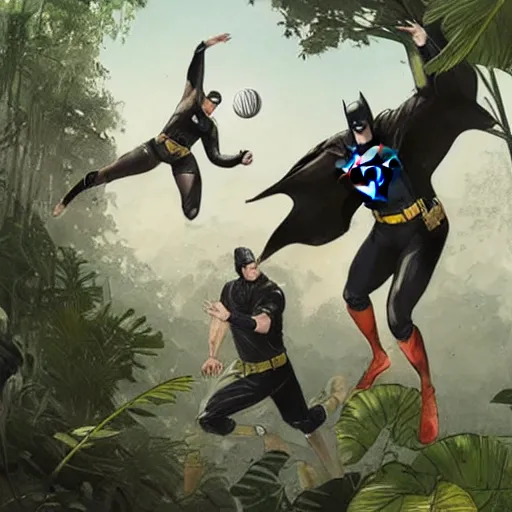 Image similar to batman and superman are playing volleyball in a jungle, volleyball in the air, volleyball net, in the style of greg rutkowski and artgerm, high detail