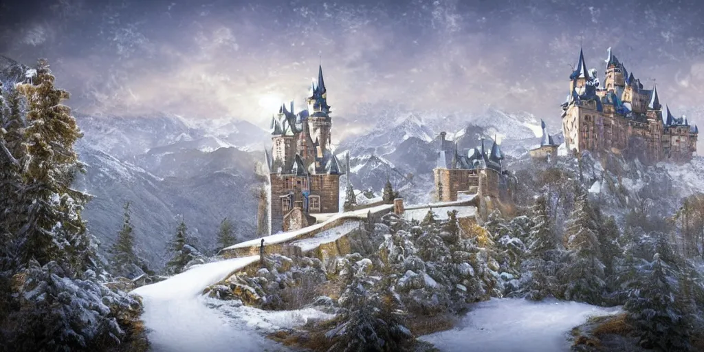Image similar to a large castle amidst snowy mountain tops,lots of details,intricate,bridges,impossible,landscape,beautiful,a signpost on the foreground