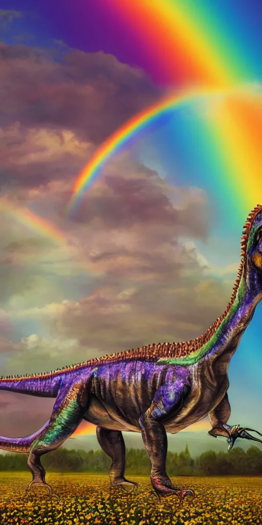 Image similar to oil painting of a dinosaur wearing a wedding dress, rainbow in background, flower field, atmospheric, beautiful, cinematic, detailed, fullbody portrait, 4 k, 8 k