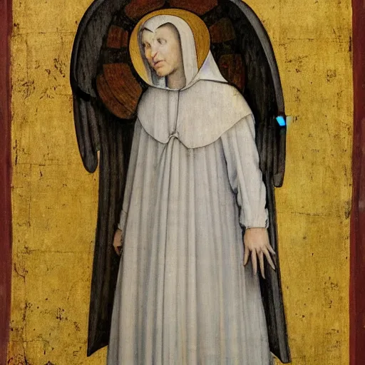 Image similar to realistic medieval painting portrait of white angel with clean narrow face like noface, 3 / 4, miracle light coming up from the head up and up, misty space, grace and blessing, sfumato effect by hieronymus bosch, by leonardo da vinci, renaissance, christianity, only white colors, white background