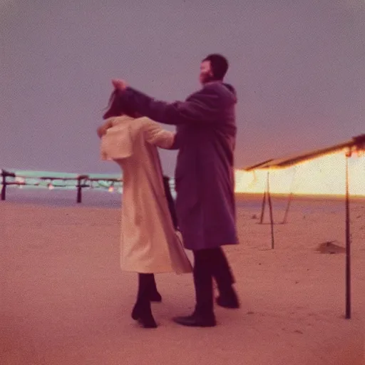 Image similar to 9 0 s polaroid photograph of a man and woman both wearing trenchcoats at night, dancing together on a beach during cloudy weather, vignette