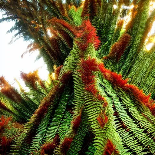 Prompt: Photograph of giant doritos fern tree on red fur grass with morning light