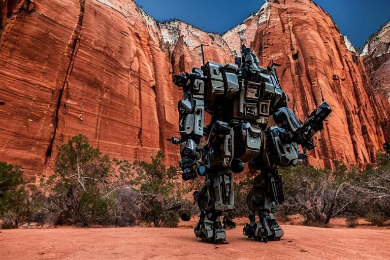 Prompt: cinematography of a cinematic ultra realist and ultra intricate detailed photo of a beautiful sci-fi armored mech shootout in Zion national park by Emmanuel Lubezki