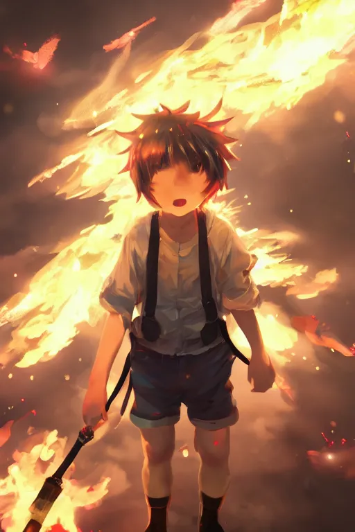 Image similar to anime young boy wearing suspenders pointing at the sky with fire particles around him, energetic pose, wlop, concept art, digital painting, trending on artstation, highly detailed, epic composition, 8 k uhd