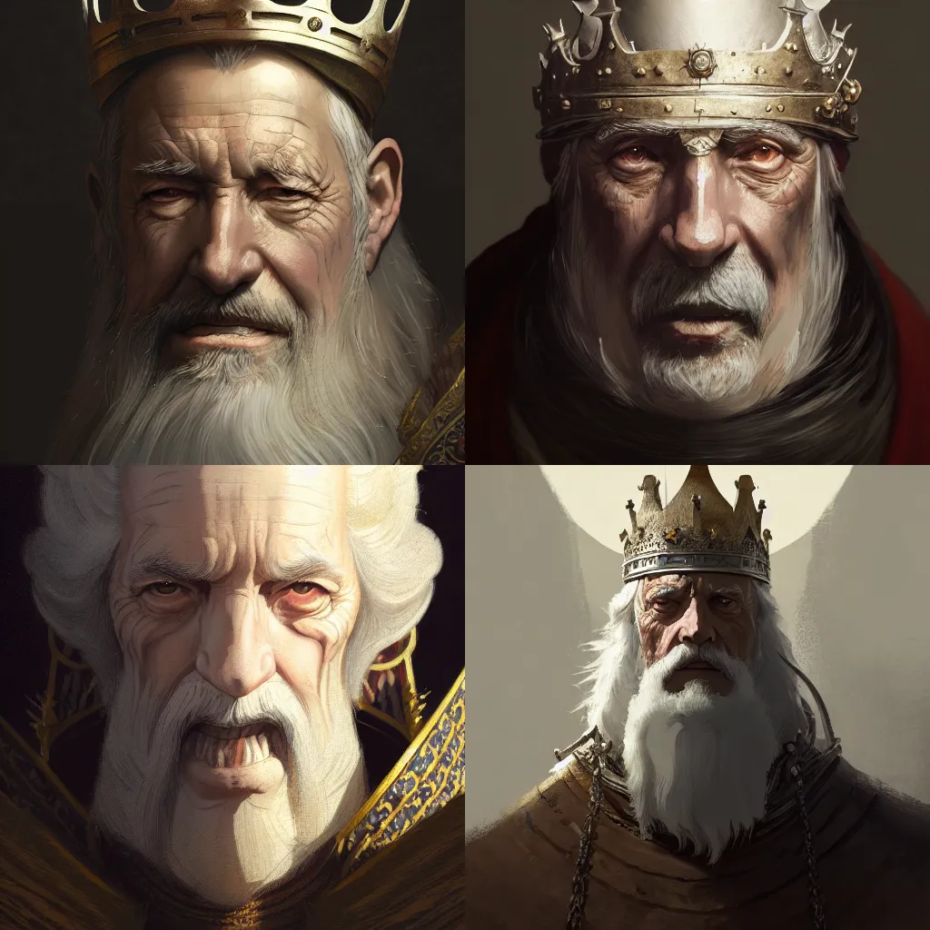 Prompt: portrait of a medieval old king, artstation, elegant, highly detailed, digital painting, concept art, smooth, sharp focus, illustration, art by studio ghibli, makoto shinkai, akihiko yoshida, greg rutkowski 8 k