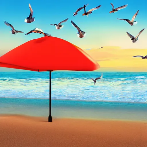 Image similar to seagulls flying over a beach umbrella on the beach at sunrise, concept art, highly detailed, high quality, bright colors,