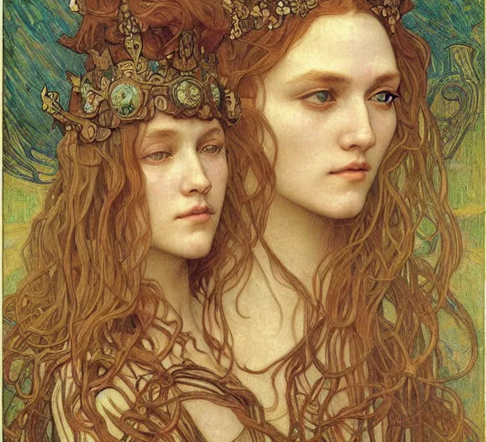 Image similar to detailed realistic beautiful young medieval queen face portrait by jean delville, alphonse mucha, vincent van gogh, and marco mazzoni, art nouveau, symbolist, visionary, gothic, pre - raphaelite