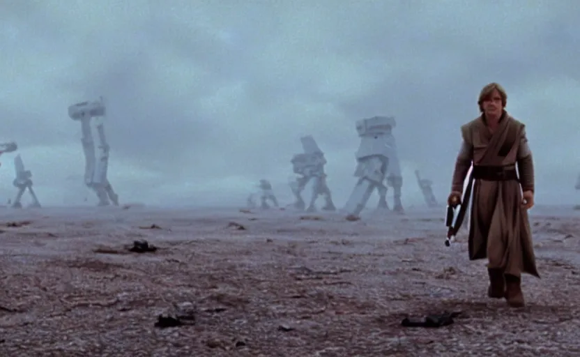 Image similar to screenshot portrait of Luke Skywalker in a windy fiery battlefield with scattered parts of destroyed AT-AT walkers, with young jedi army behind him, iconic scene from 1970s film by Stanley Kubrick, last jedi, 4k HD, cinematic lighting, beautiful portrait of Mark Hammill, moody scene, stunning cinematography, anamorphic lenses, kodak color film stock