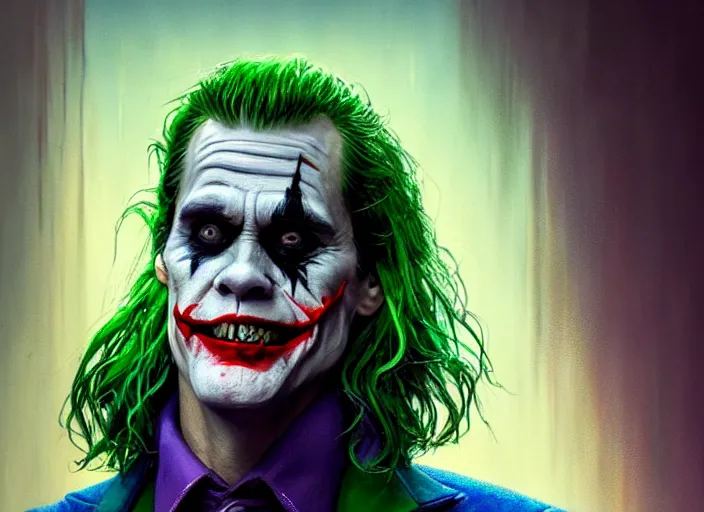 Image similar to highly detailed portrait of jim carrey as the joker, in joker ( 2 0 1 9 ), stephen bliss, unreal engine, fantasy art by greg rutkowski, loish, rhads, ferdinand knab, makoto shinkai and lois van baarle, ilya kuvshinov, rossdraws, tom bagshaw, global illumination, radiant light, detailed and intricate environment