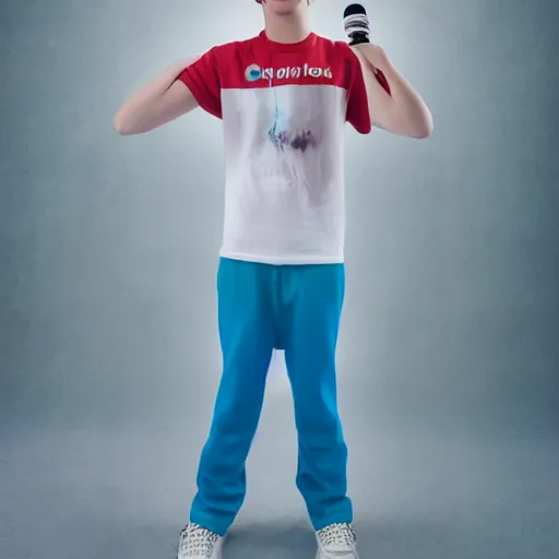 Image similar to a portrait of a teenager with cyan colored hair, white t - shirt with a no symbol on it, blue long pants and red shoes, holding a microphone, studio lighting, photoshoot, grey backdrop