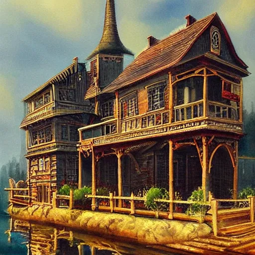 Prompt: a beautiful painting of a building in a serene landscape, steampunk