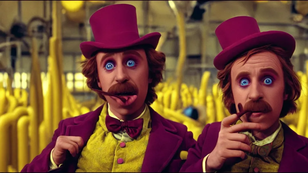 Image similar to Charlie in Willy Wonka’s chocolate factory, film still from the movie directed by Denis Villeneuve with art direction by Zdzisław Beksiński, wide lens