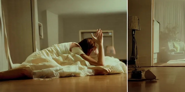 Image similar to photorealistic Cinematography of a woman crying on the floor at night in a mid century modern apartment shot on film at magic hour in a room filled with volumetric haze by the shining Cinematographer john alcott on a cooke panchro 18mm lens .