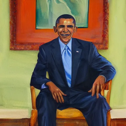 Image similar to a painting by Okeke Chukwuka Francis of Barak Obama sitting in a chair