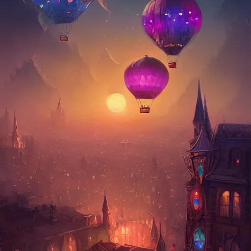 Image similar to a beautiful stunning fantasy whimsical matte digital illustration of a hot - air balloon race over a city at night by marc simonetti, pastel color palette, disney steampunk, chiaroscuro magical bokeh moon stars, trending on artstation hq, masterpiece