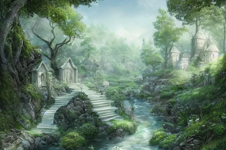 Prompt: A small elven village with elegant white architecture at the bottom of green hills, a winding white pathwalk and a small brook running through, clear blue skies in the background, sunsetting color, octane rendering, mind-blowing detail, trending on artstation, trending on deviant art, intricate, elegant, digital painting, saturated colors, smooth, sharp focus, art by artgerm and Todd Shorr