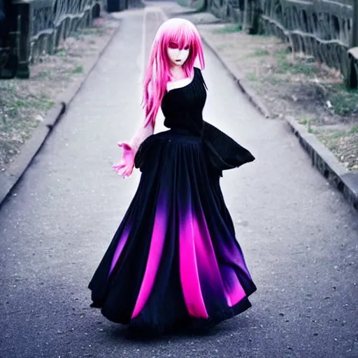 Prompt: a 3 5 mm photography, kodachrome color of a gothic instagram model, pink hair, blue iris!!!, long black skirt, pentagram pendant