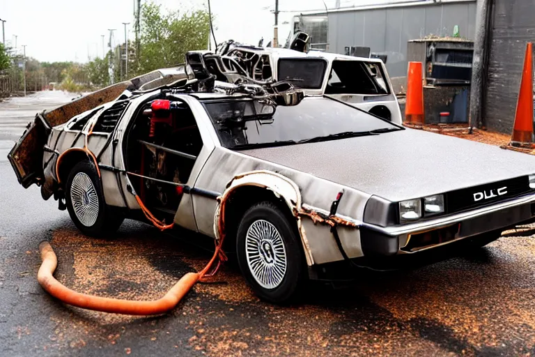 Image similar to rusty, derelict 2 0 2 2 delorean time machine being dragged by a tow truck