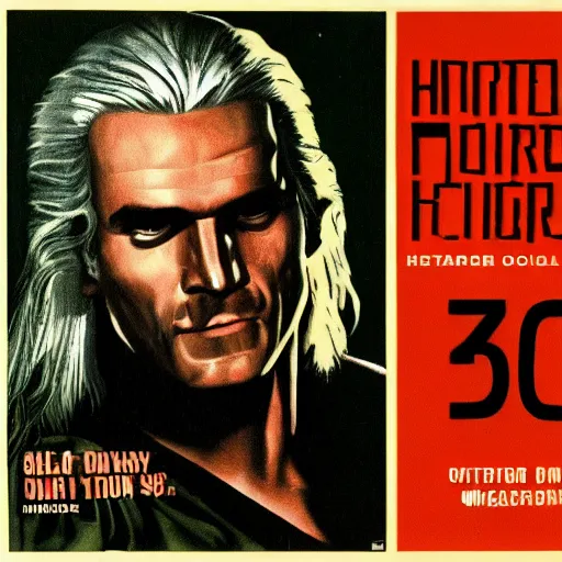 Prompt: 1980s VHS box cover of horror movie starring Geralt of Rivia