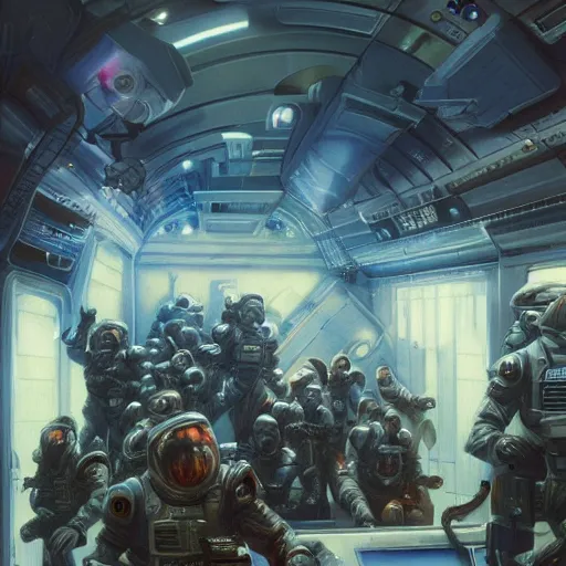 Prompt: space soldiers invading an space station, detailed, centered, digital painting, artstation, concept art, donato giancola, Joseph Christian Leyendecker, WLOP, Boris Vallejo, Breathtaking, 8k resolution, extremely detailed, beautiful, establishing shot, artistic, hyperrealistic, beautiful face, octane render