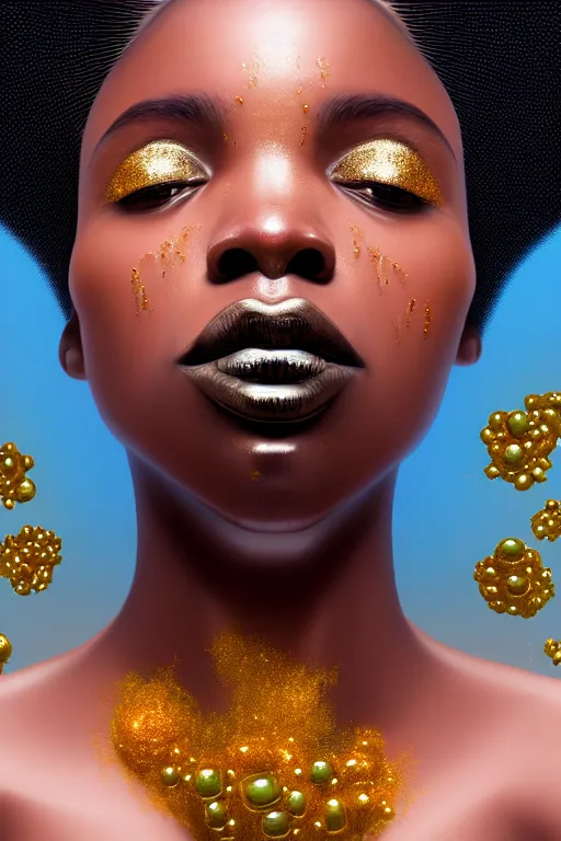 Prompt: hyperrealistic precisionist cinematic profile very expressive! black oshun goddess, in water! up to shoulders, mirror dripping droplet!, gold flowers, highly detailed face, digital art masterpiece, smooth eric zener cam de leon, dramatic pearlescent turquoise light on one side, low angle uhd 8 k, area focus