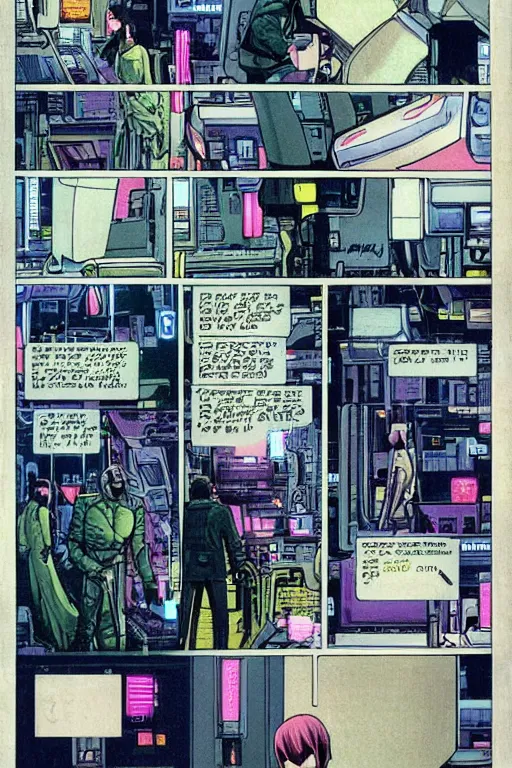 Prompt: a comic book illustration of an android interfacing with a computer console, the console is tall and imposing, there are many cables on the floor, bright screens, ghost in the shell, cyberpunk, neon colors, art by Moebius