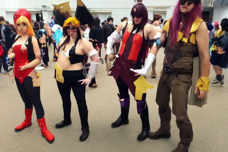 Prompt: clever and hilarious improvised low - cost cosplays at a convention.