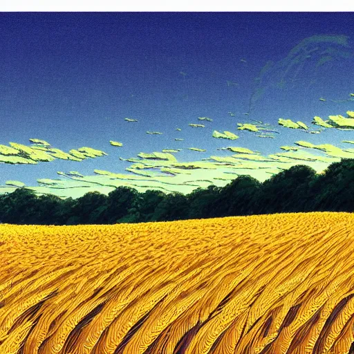 Prompt: sharp focus, breath taking beautiful, Aesthetically pleasing, gouache field of grain at golden hour, digital concept art background by Hayao Miyazaki and Studio Ghibli, fine art, official media, high definition, illustration, ambient lighting, HDR, HD, 8K, award winning, trending, featured, masterful, dynamic, energetic, lively, elegant, intricate, complex, highly detailed, Richly textured, Rich vivid Color, masterpiece.