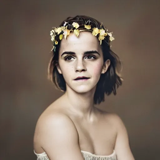 Prompt: emma watson with a multiflower crown princess, sensual, beautiful soft light failling on her face, studio photography, nikon 3 5 mm portrait photography, ultra realistic