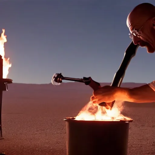 Prompt: walter white cooking a pizza with a blowtorch in the desert, cinematic view, dramatic pose, dramatic lighting