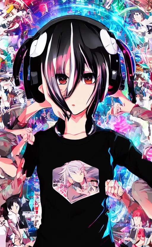 Image similar to shirt art, logo graphic design, anime style, realistic lighting, futuristic solid colors, made by ilya kuvshinov, sold on sukebannyc, front portrait of a girl, jpop clothing, sneaker shoes, arcade cabinet in background
