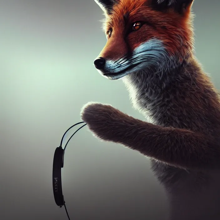 Image similar to fox with headphones, HD, 4K, intricate abstract. intricate artwork. by Tooth Wu, wlop, beeple, dan mumford, octane render, trending on artstation, greg rutkowski very coherent symmetrical artwork. cinematic, hyper realism, high detail, octane render, 8k, iridescent accents