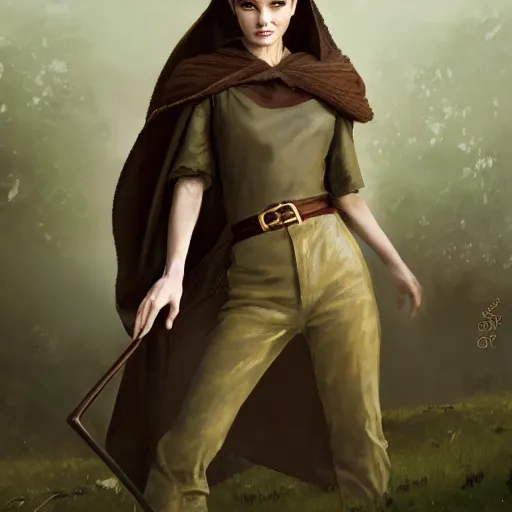 Image similar to a beautiful woman, beauty, looks like Audrey Hepburn, bard, brown hair, messy hairstyle, bangs, cream colored peasant shirt, brown pants, leather boots, dark green cloak, round hood, elf ears, youthful, white background, proportionate, by Greg Rutkowski and Tony Sart, trending on artstation, realistic, highly detailed, masterpiece