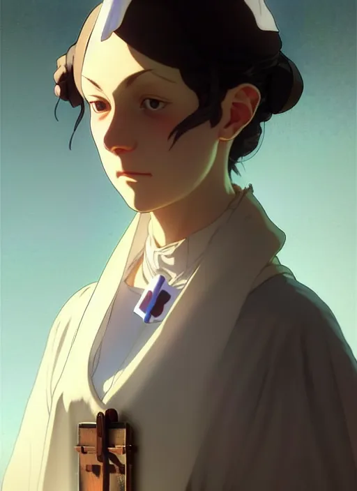 Image similar to 1 8 4 5 florence nightingale late 2 0's as nurse, character face study, faces only, concept art finely detailed perfect art, painted by greg rutkowski makoto shinkai takashi takeuchi studio ghibli, pinterest, cevagraf comics