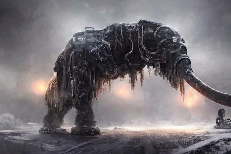 Image similar to an intricate futuristic black steam train and a giant mammoth, post - apocalyptic ice landscape in snowstorm, concept art, artstation, highly detailed, digital art