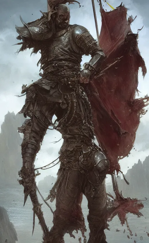 Image similar to distant view of medieval knight cutting in half a pirate, front game card, drark, marvel comics, dark, intricate, highly detailed, smooth, artstation, digital illustration by ruan jia and mandy jurgens and artgerm and wayne barlowe and greg rutkowski and zdislav beksinski