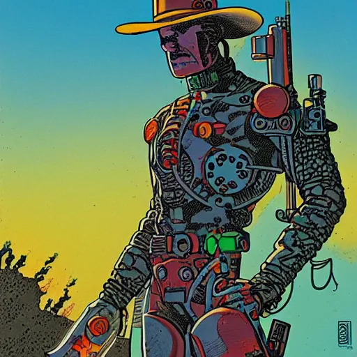 Prompt: cyborg cowboy, highly detailed, ron cobb, moebius, mike mignola