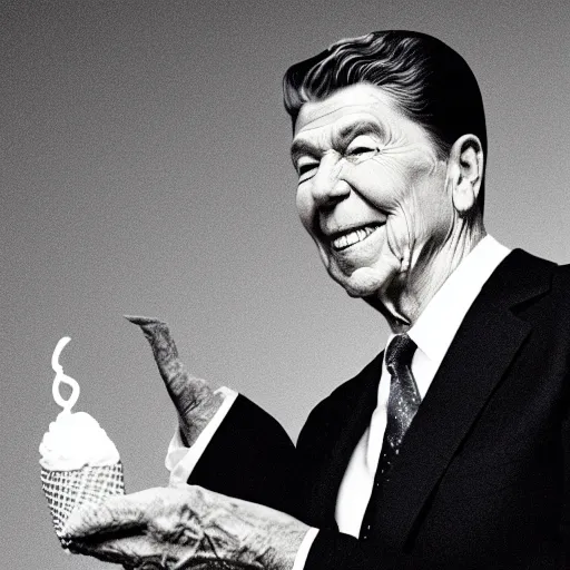 Image similar to ronald reagan enjoying an ice cream cone, monochrome 4 k