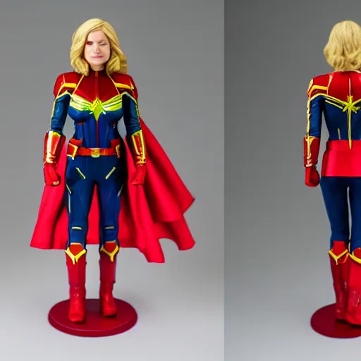 Image similar to captain marvel from the comics as a real person, 5 0 mm, studio lighting