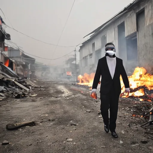 Image similar to photo of a man in a suit wearing a latex mask of a emperor penguin, at a favela, walking away from explosion, dramatic lighting