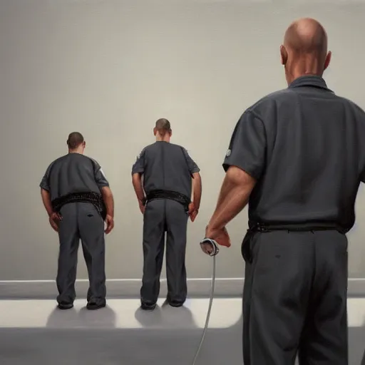 Image similar to hyperrealism painting of prisoners scheming to escape prison while guards are distracted