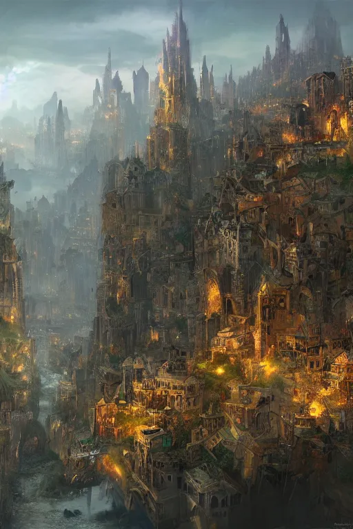 Image similar to Sharn, City of Towers, baroque fantasy metropolis of tall towers at the top of a cliff looking over a river, by Marc Simonetti, matte painting, concept art, chiaroscuro, trending on artstation, HD