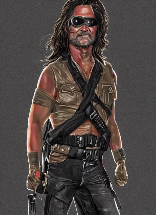 Image similar to Kurt Russell as Snake Plissken Escape From New York, Movie Inspired, black Eye patch over left eye, mixed media, Trending artstation, digital Art