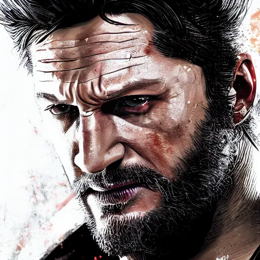 Image similar to Tom Hardy as wolverine in Black Damaged leather suit Digital art 4K quality Photorealism