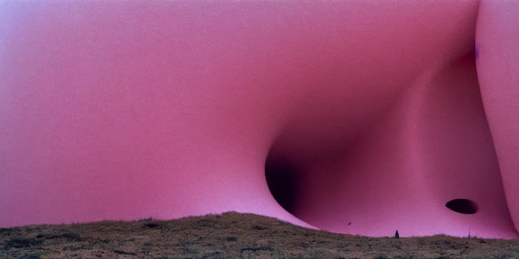 Image similar to a strange huge translucent pvc inflated organic architecture building with pink fluffy fur inside by anish kapoor sits in the rock mountains, film still from the movie directed by denis villeneuve with art direction by zdzisław beksinski, close up, telephoto lens, shallow depth of field