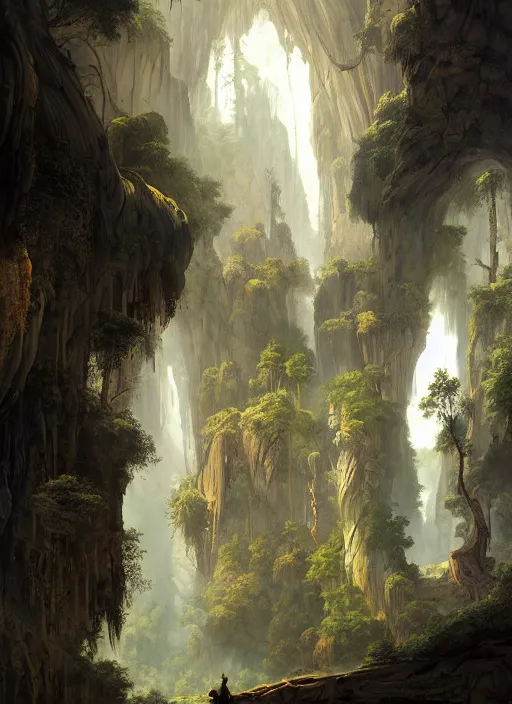 Image similar to detailed interior of natural caves, very tall thing trees, light shafts, monks, stunning atmosphere, by asher brown durand, inspired by greg rutkowski and peter mohrbacher